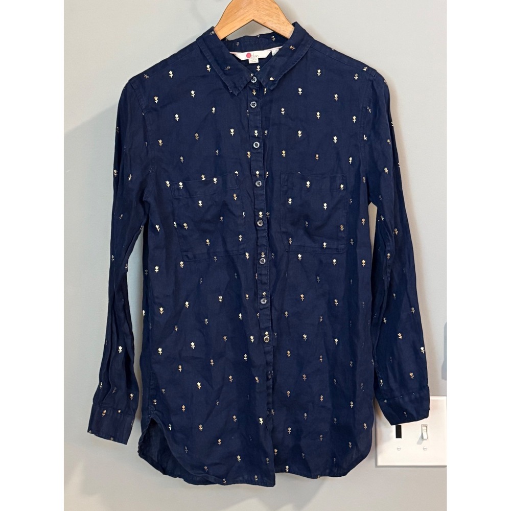 Boden Top Linen Button Down Shirt Gold Floral Print Long Sleeve Women's Size 8